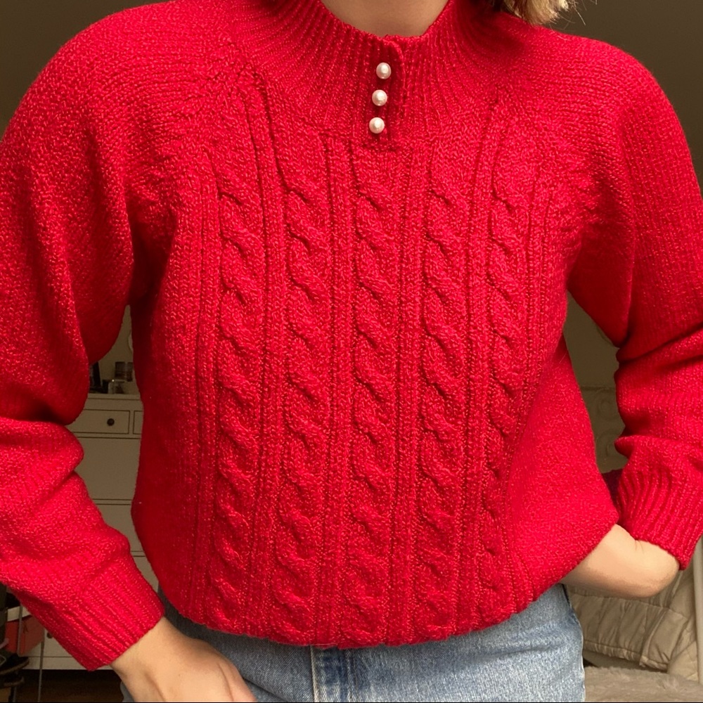 Karen Scott Vintage Red Pearl Button Sweater